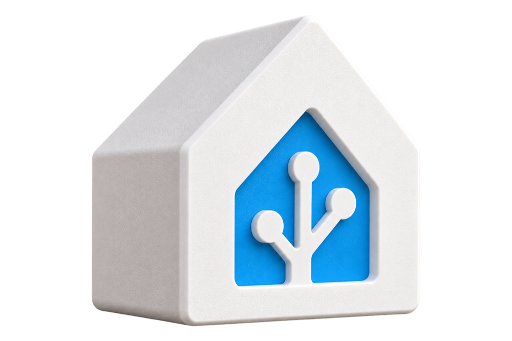 Hvidt smarthome-hus med blåt HA-logo