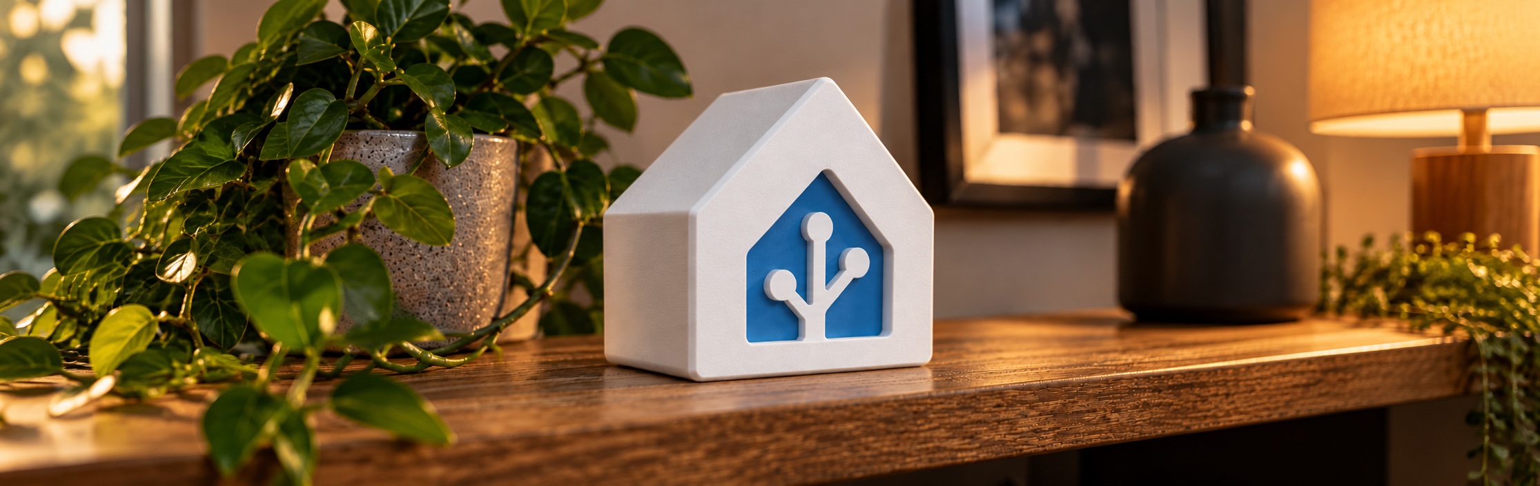 Hvid Home Assistant gadget med blåt logo på en træhylde